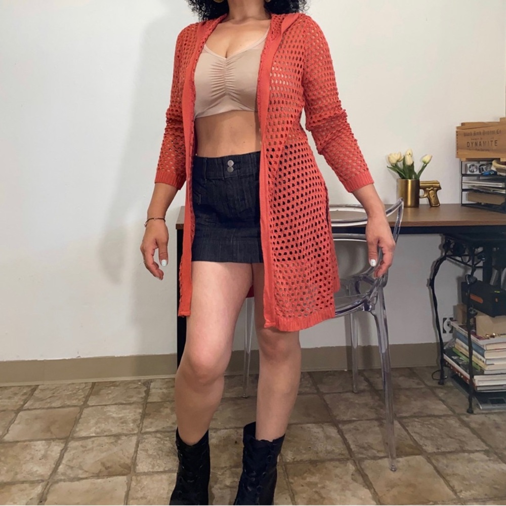 Serendipity Women’s M Burnt Orange Sheer Open Front Hoodie Cardigan Crochet